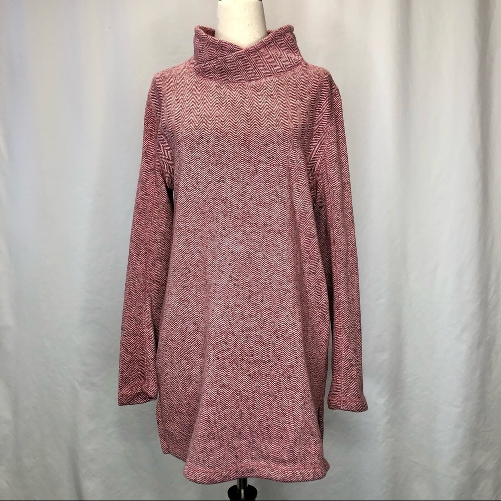 Lands’ End chevron tunic fleece crossover mock neck super soft red grey M